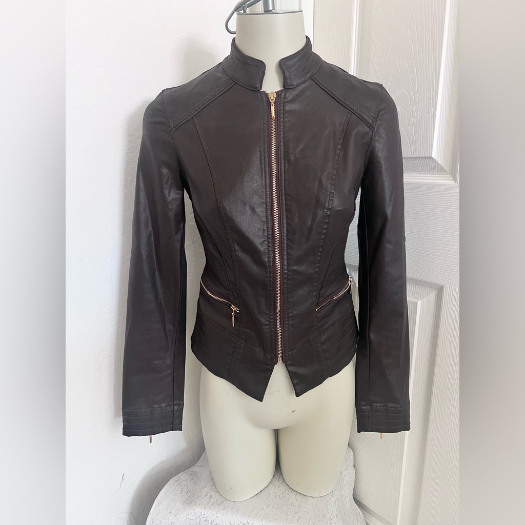White House Black Market Women's Cabernet Brown Coated Motorcycle Jacket